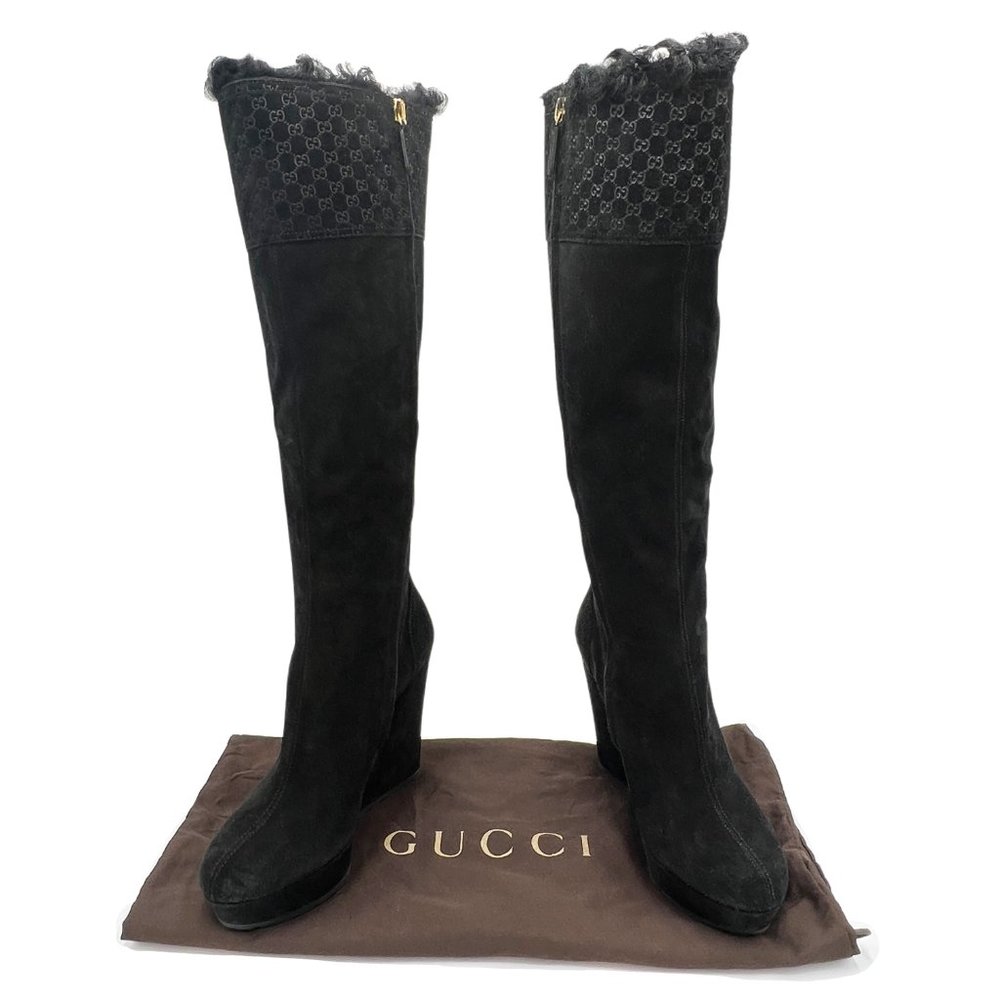 New GUCCI Black Suede Courtney Microguccissima Logo Wedge Knee High Boots 37.5